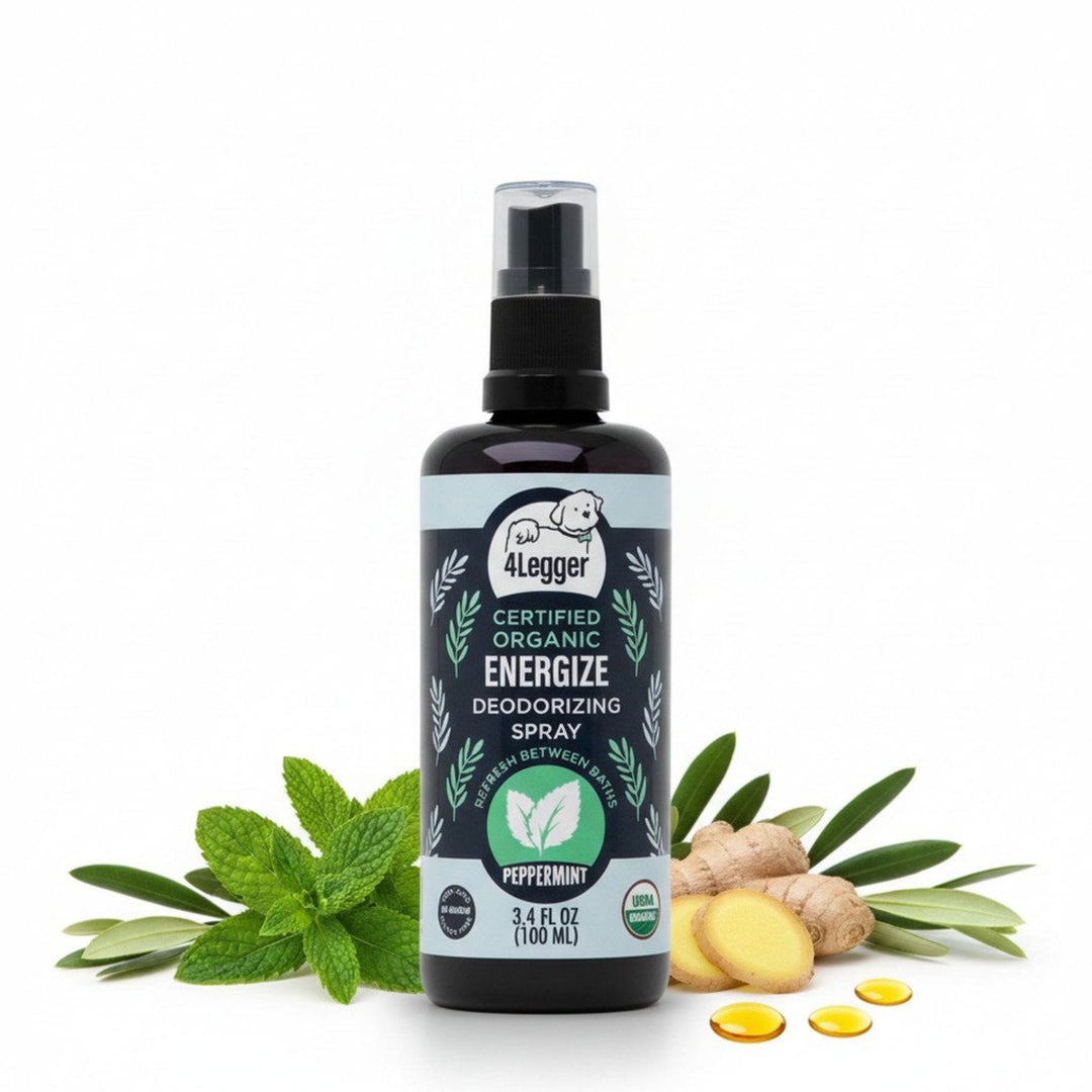 4-Legger ENERGIZE organic peppermint dog deodorizing spray in Miron violet glass bottle