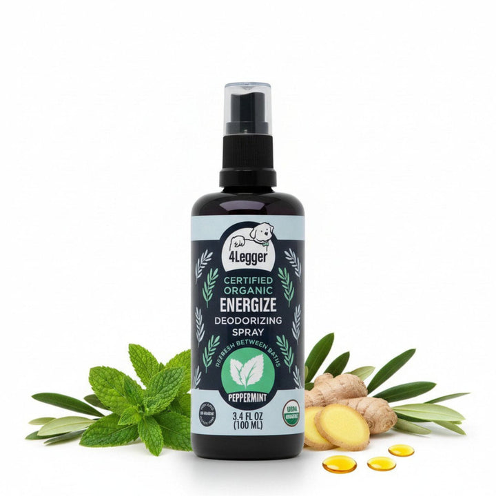 4-Legger ENERGIZE organic peppermint dog deodorizing spray in Miron violet glass bottle