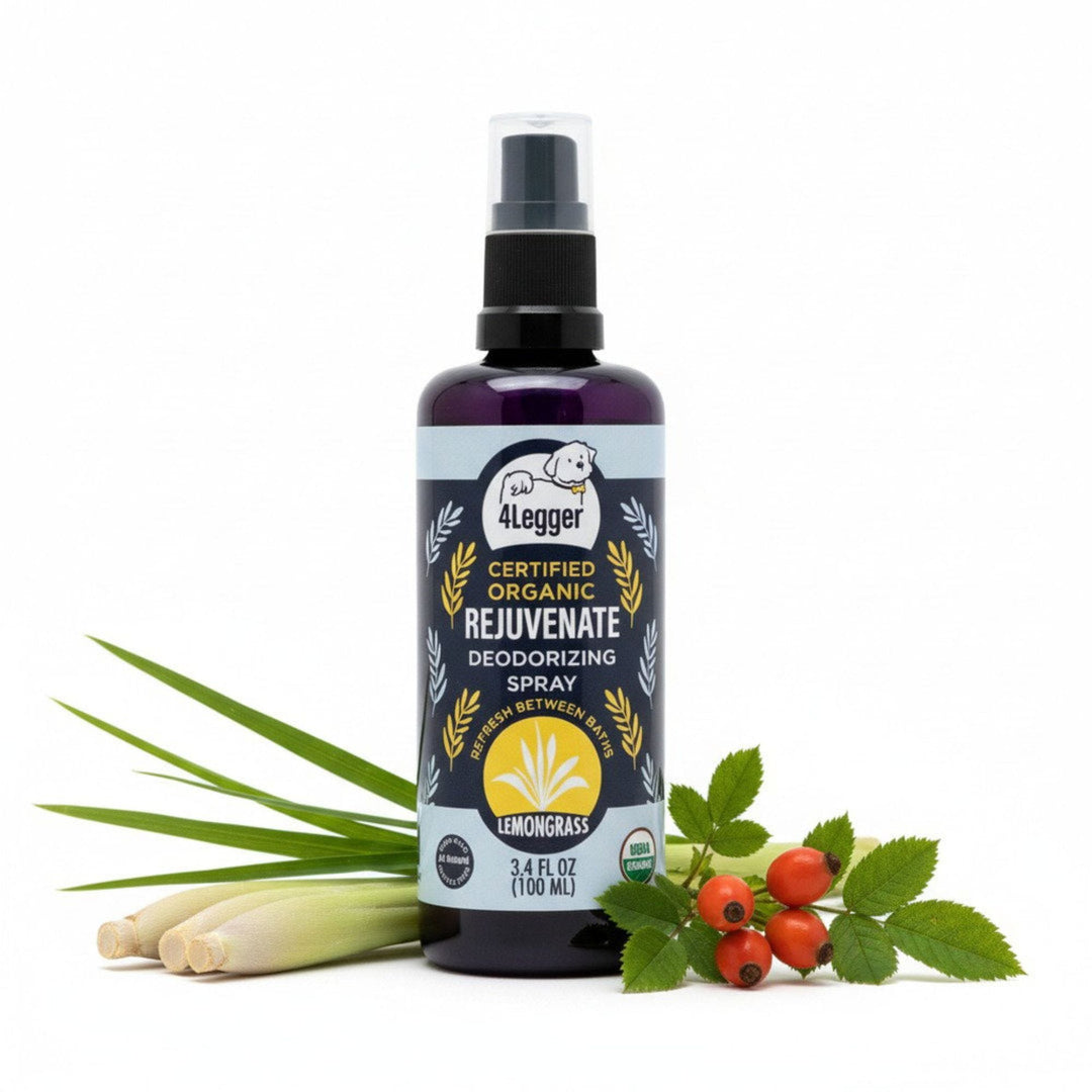 4-Legger REJUVENATE organic lemongrass dog deodorizing spray in Miron glass bottle