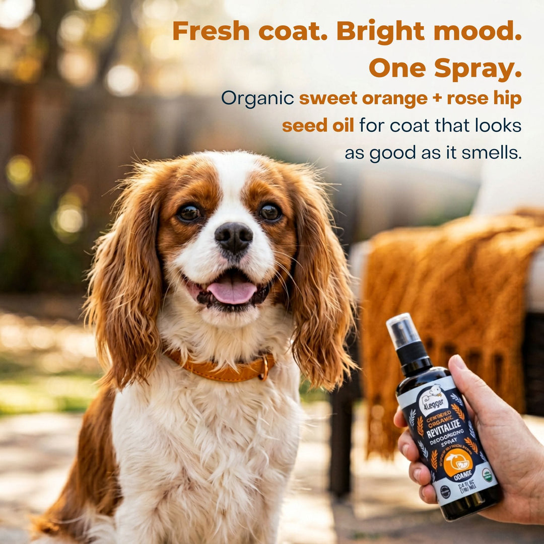 Dog with fresh clean coat after 4-Legger organic sweet orange deodorizing spray