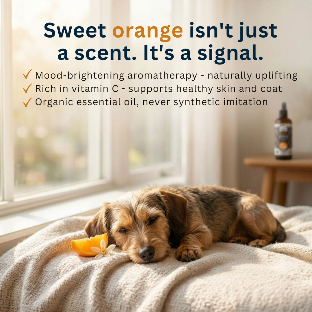 Organic sweet orange essential oil aromatherapy benefits for dogs by 4-Legger