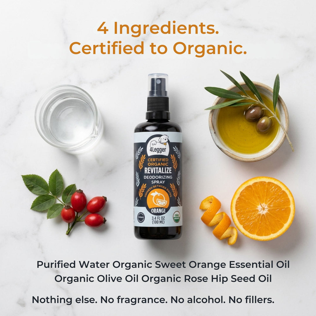 4-Legger USDA certified organic sweet orange dog spray with 4 clean ingredients