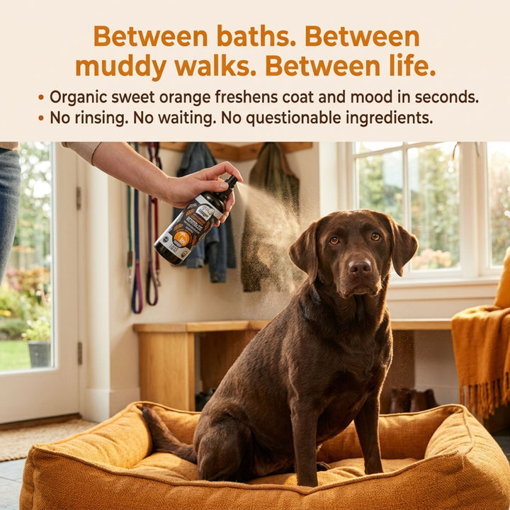 Happy dog freshened with 4-Legger organic sweet orange deodorizing spray between baths