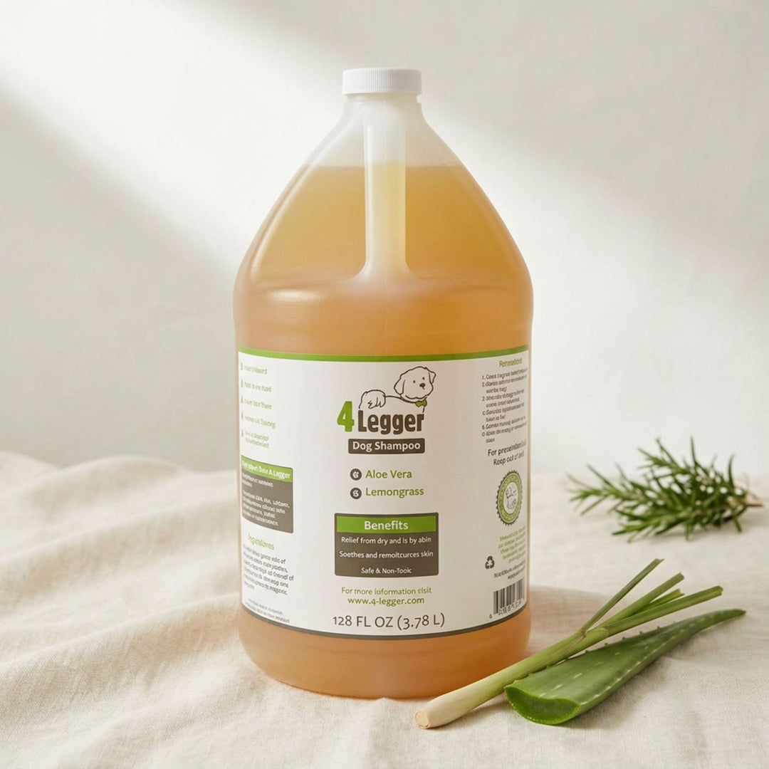 1 gallon size 4-Legger organic lemongrass aloe dog shampoo for groomers kennels and multi-dog households