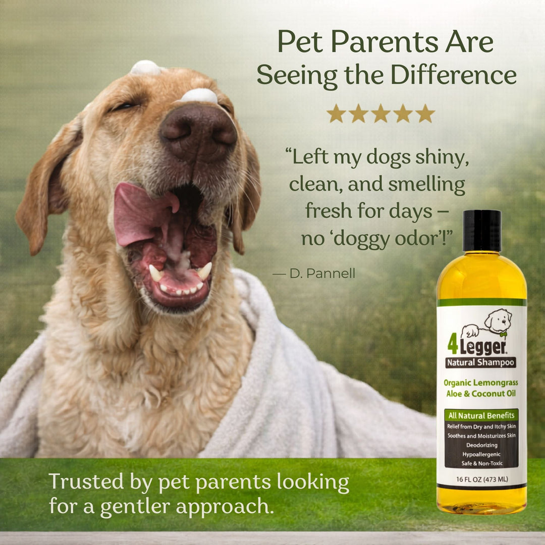 5-star review — 4-Legger organic lemongrass dog shampoo leaves coat shiny, clean and odor-free for days