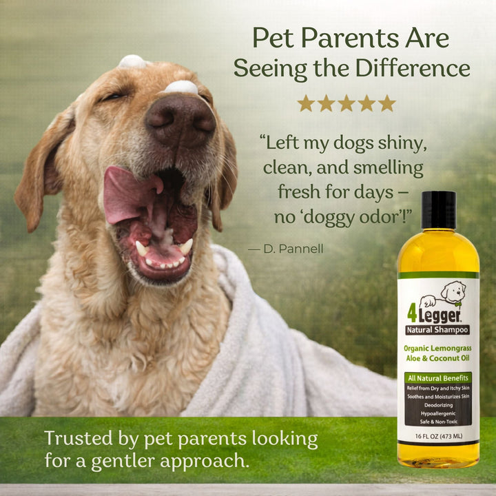 5-star review — 4-Legger organic lemongrass dog shampoo leaves coat shiny, clean and odor-free for days