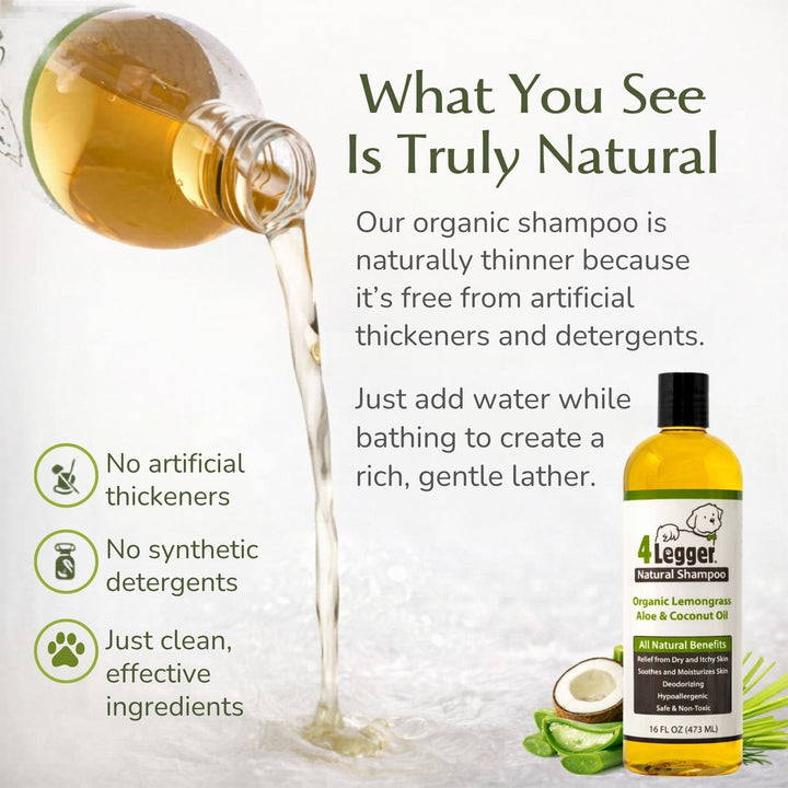 4-Legger organic lemongrass dog shampoo is naturally thin — no artificial thickeners, just add water for rich lather