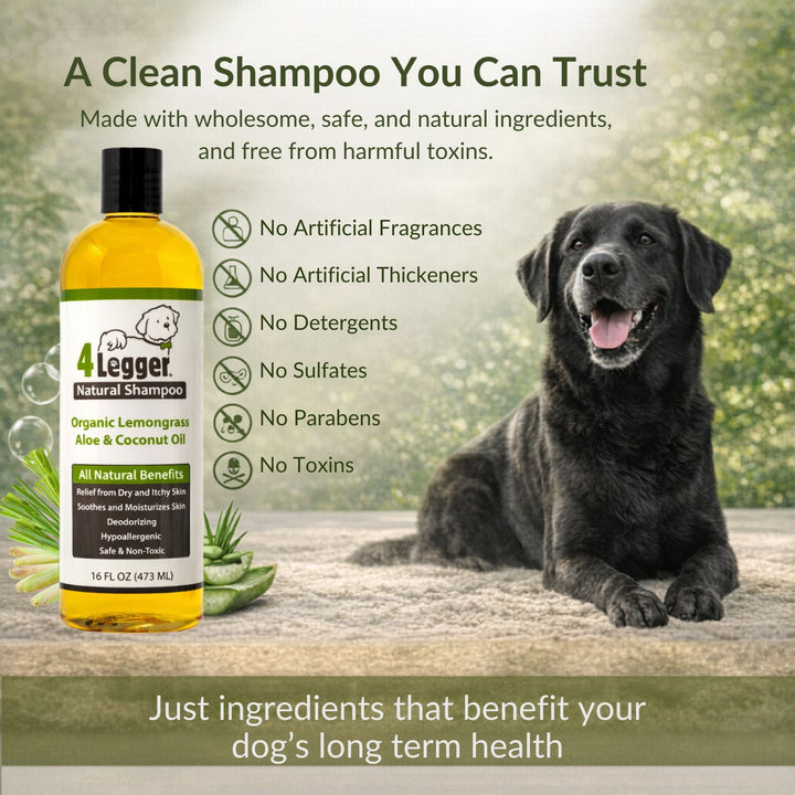 No sulfates, no parabens, no artificial fragrances — 4-Legger organic lemongrass dog shampoo is free of harmful toxins