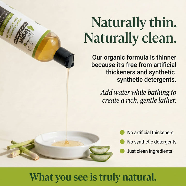 Organic dog shampoo pouring from bottle showing naturally thin formula free from artificial thickeners and detergents