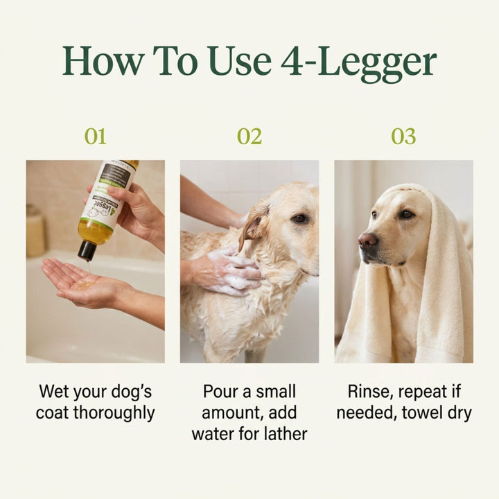 Three step guide showing how to use 4-Legger organic dog shampoo: wet coat, lather with water, rinse and towel dry