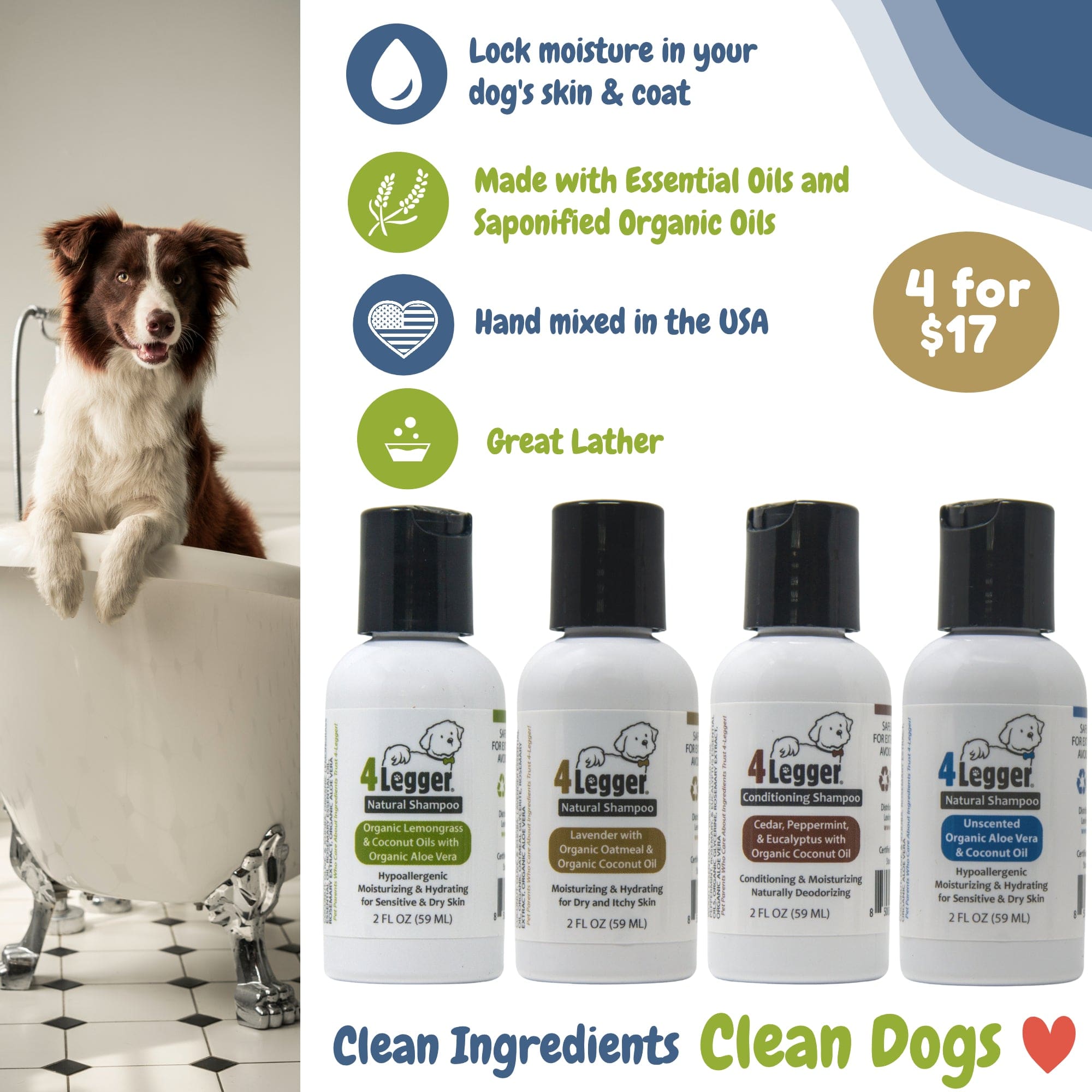 pegs Armstrong slids Sample Pack of 4-Legger Organic Dog Shampoo 2 oz each