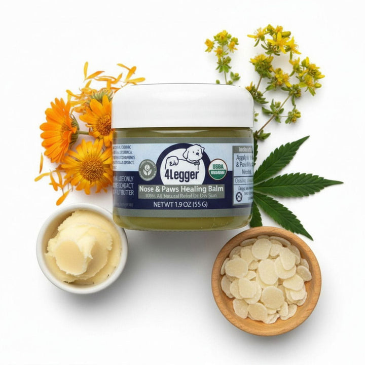 4-Legger USDA certified organic healing balm jar with calendula hemp and carnauba wax ingredients