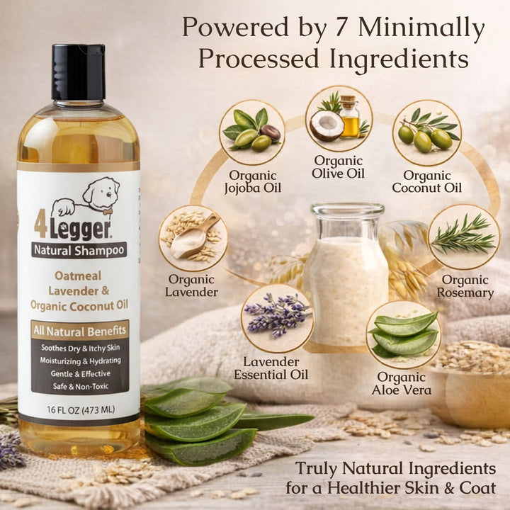 Full ingredient list for 4-Legger organic oatmeal dog shampoo — certified to USDA organic food standards