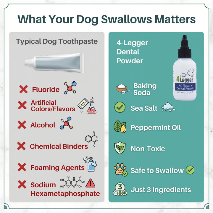 What your dog swallows matters — typical dog toothpaste vs 4-Legger dental powder — no fluoride, no chemical binders, no sodium hexametaphosphate