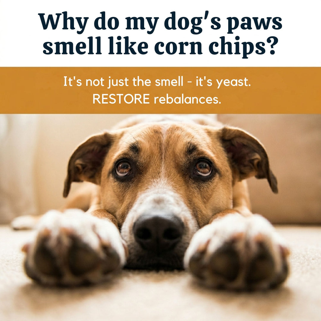 4-Legger RESTORE ACV conditioning rinse for dogs helps relieve yeasty skin and Frito feet between baths