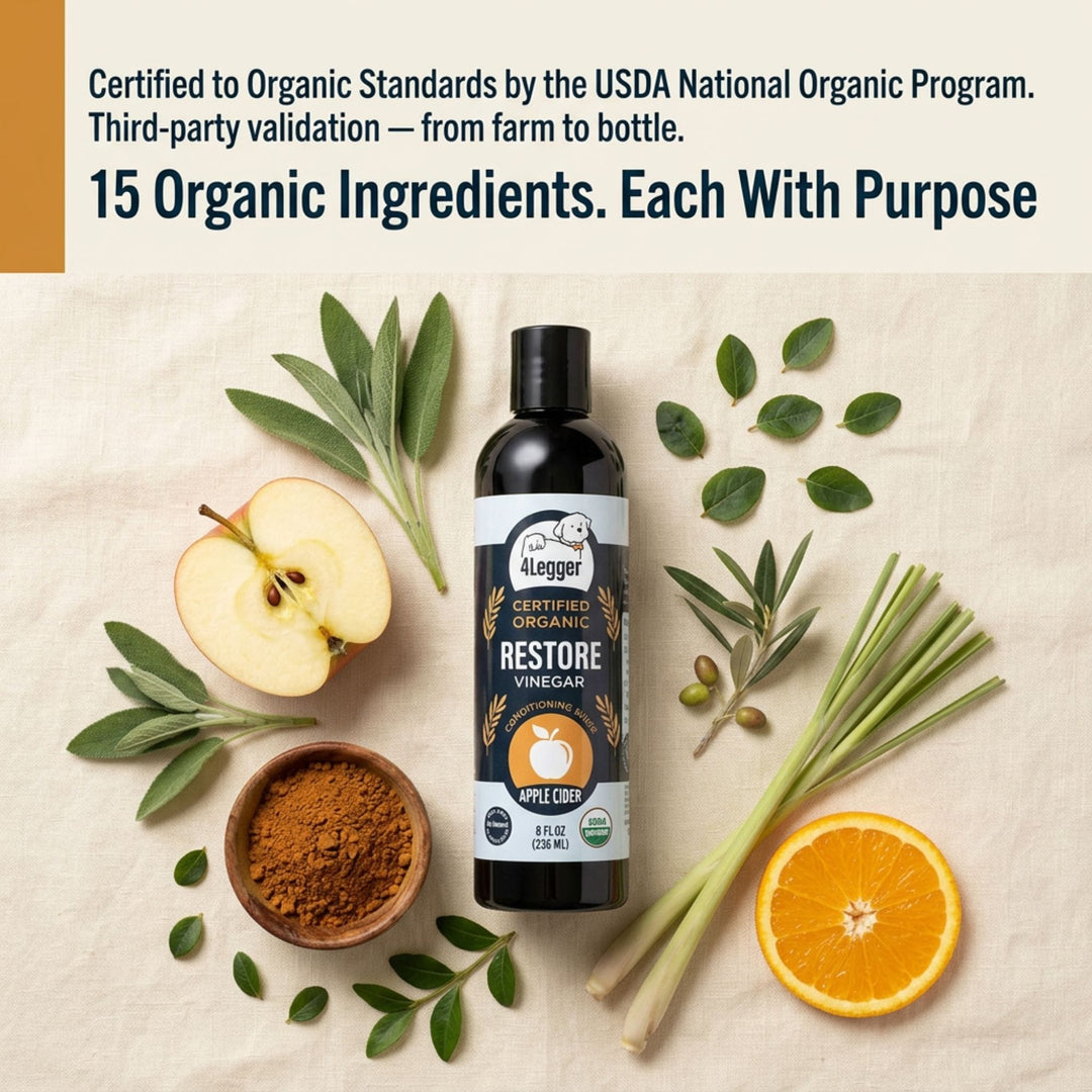 4-Legger RESTORE organic ACV rinse — 15 certified organic ingredients including raw apple cider vinegar and botanical herbs