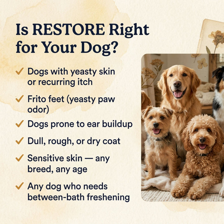 4-Legger RESTORE ACV rinse is right for dogs with yeasty skin, Frito feet, ear buildup, and dry or dull coats