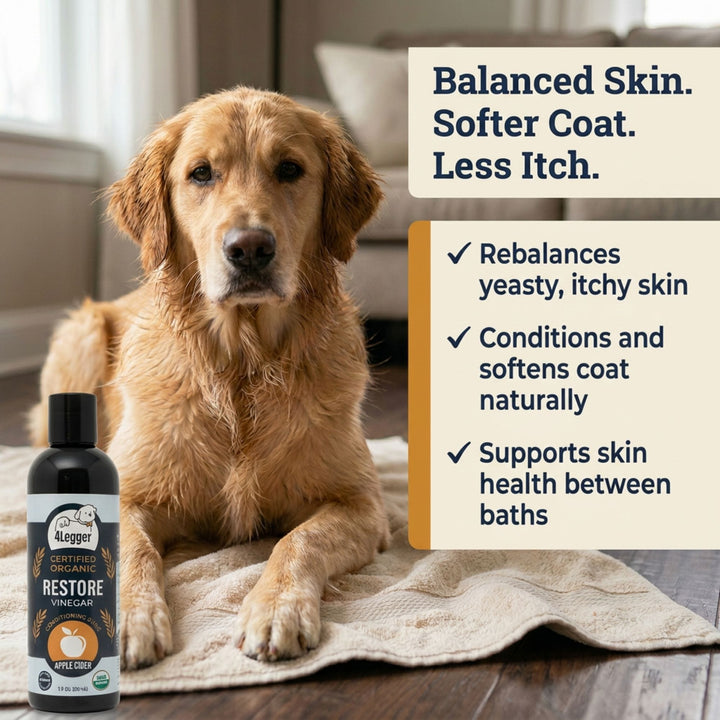 4-Legger RESTORE organic conditioning rinse balances yeasty skin and conditions the coat for dogs with sensitive skin