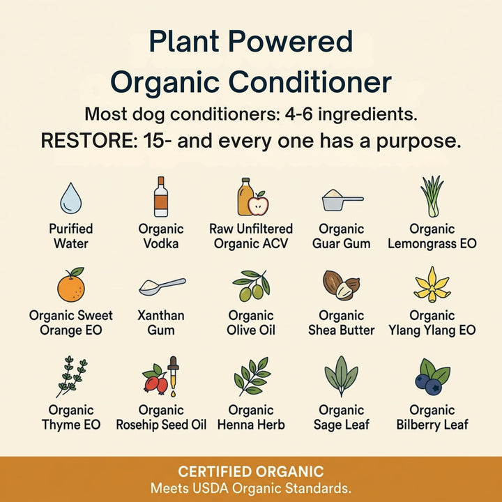 4-Legger RESTORE organic ACV rinse contains 15 certified organic ingredients including henna, sage, and bilberry herbs