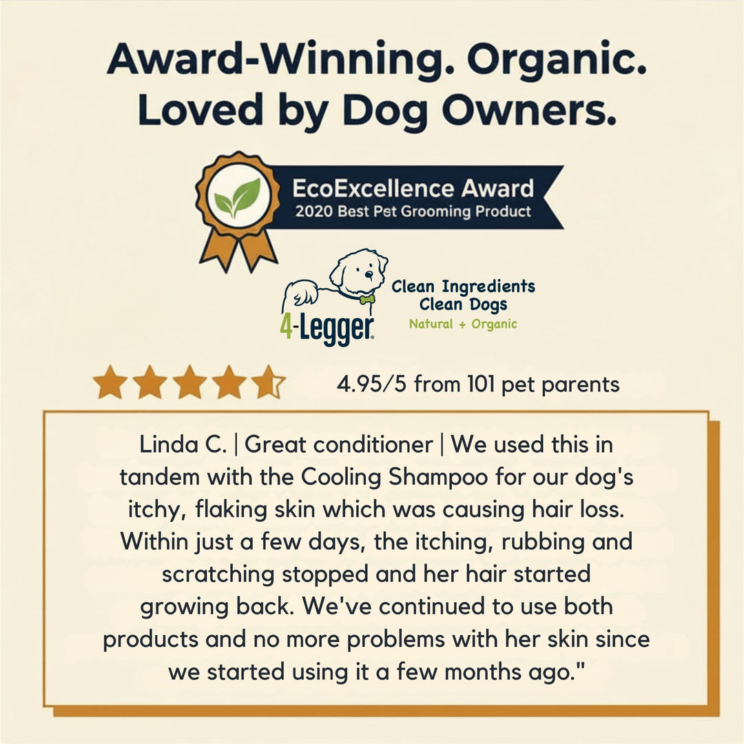 4-Legger RESTORE organic ACV rinse won the 2020 EcoExcellence Award and has 4.95 stars from 101 dog owners