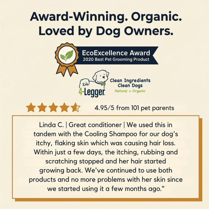 4-Legger RESTORE organic ACV rinse won the 2020 EcoExcellence Award and has 4.95 stars from 101 dog owners
