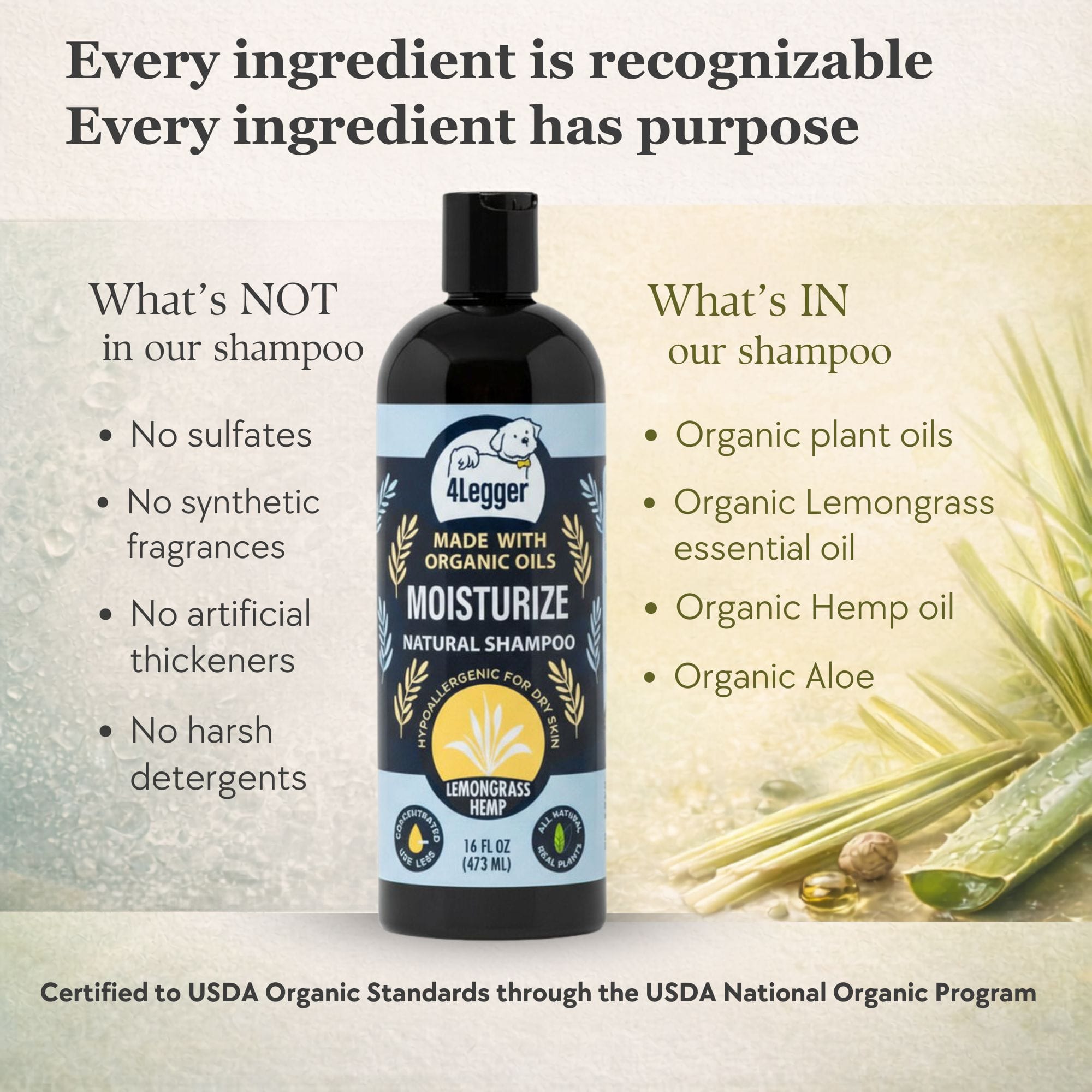 4-Legger Organic Hemp Dog Shampoo with Lemongrass | Dry Itchy Skin