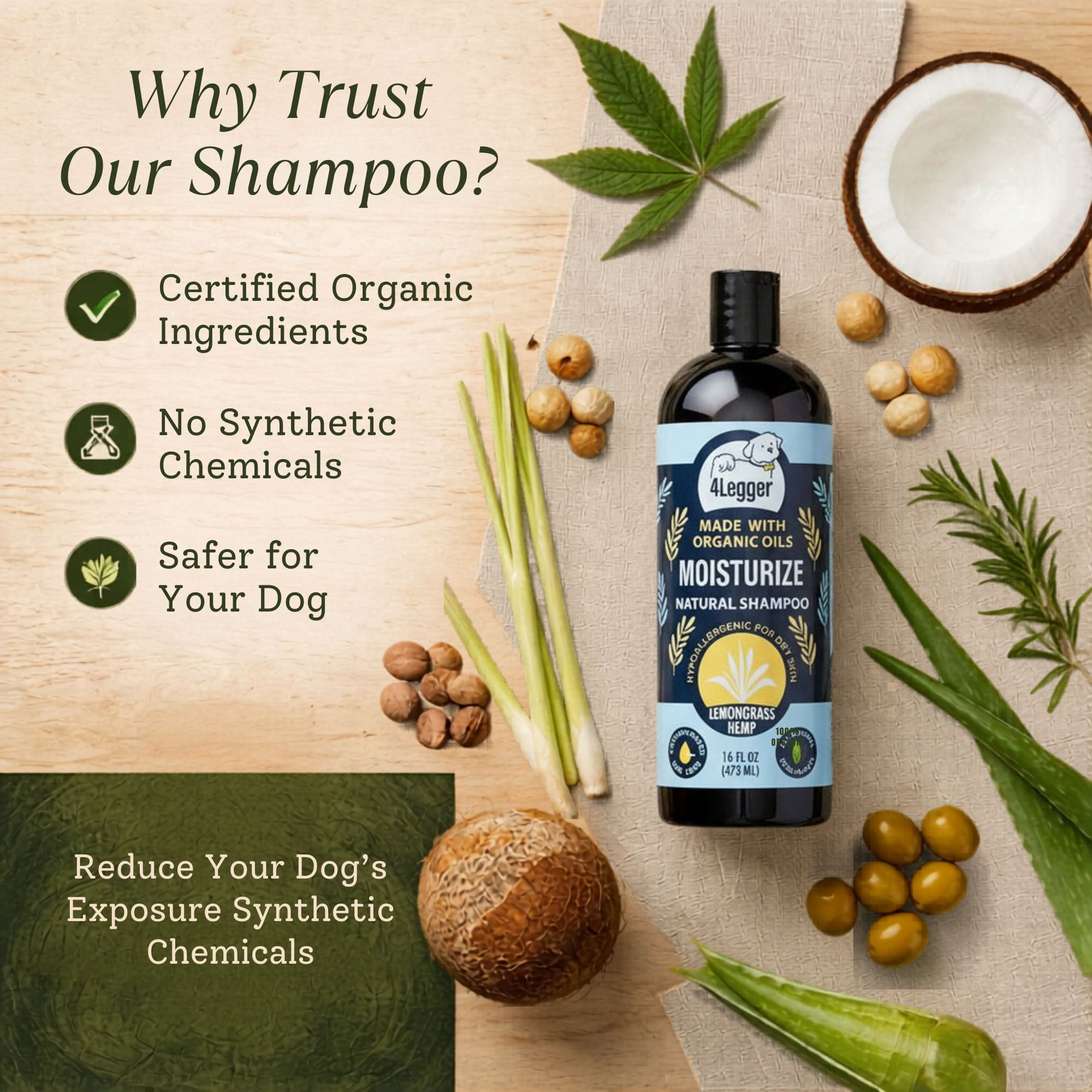 4-Legger Organic Hemp Dog Shampoo with Lemongrass | Dry Itchy Skin